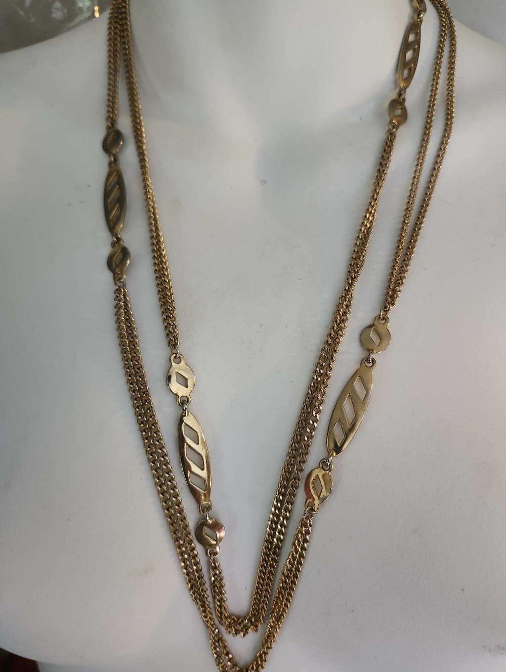 Gold Tone Long Multi Strand Geometric Link Station Necklace - 52 Inches